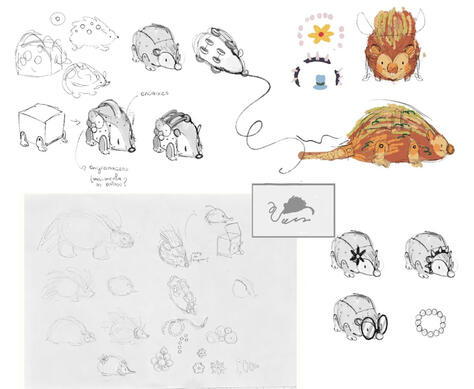 Primeiros rascunhos. Seguimos com a ideia de um brinquedo baseado no animal ouriço, apresenta rodas na parte inferior, uma corta presa a seu focinho para interação com a criança, calda com movimento simples, peças de encaixe para parte superior e inferior.